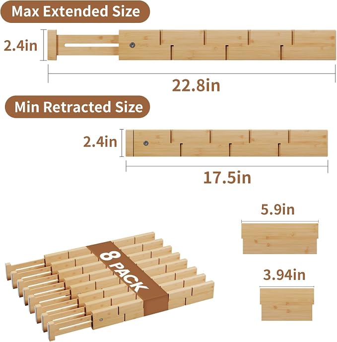 Bamboo Drawer Dividers 8 Pack with Inserts, Kitchen Adjustable Drawer Organizers for Home, Bedroom, Dresser, Expandable Organization 8 Dividers with 16 Inserts - Image 3