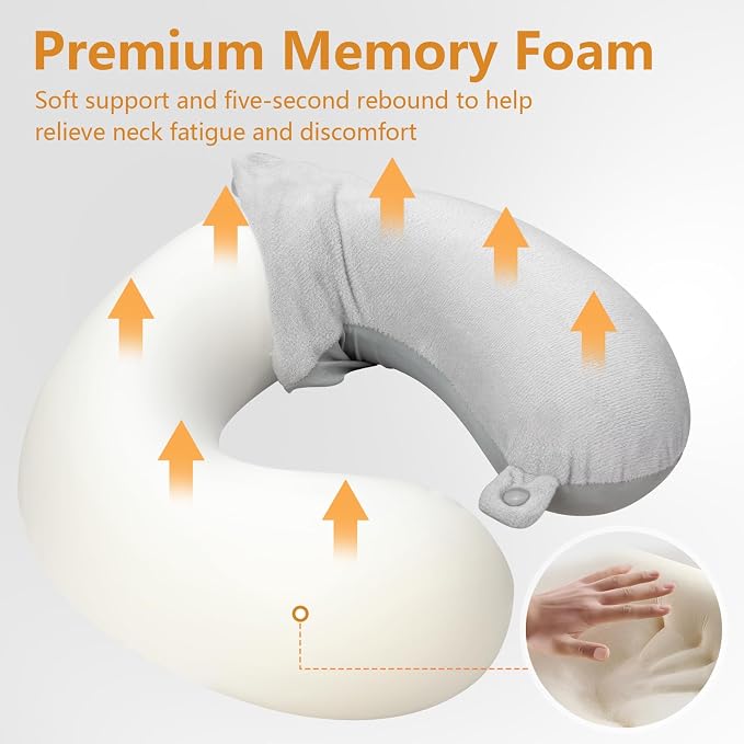 Travel Pillow, Memory Foam Neck Pillow for Traveling Winter Summer, U Shape Neck Pillow Airplane Portable Flight Pillow Adult Travel Neck Pillow for Plane Train Car Home Office - Grey - Image 3
