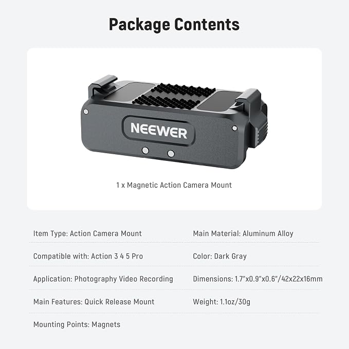 NEEWER Upgraded Magnetic Mount Adapter Compatible with DJI Osmo 360 / Action 5 Pro/4/3, Quick Release Action Camera Mount Vlogging Accessories with 1/4" Tripod Thread, AC011 Dark Gray - Image 8