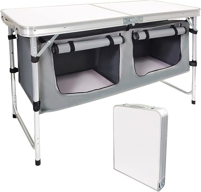 Folding Camping Table with Storage, Adjustable Height | Lightweight aluminum folding table with storage compartment for camping, tailgating, picnics, BBQs and backyard use by HYMnature