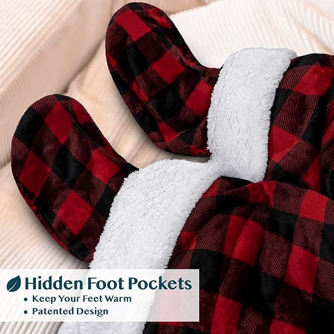 PAVILIA Sherpa Blanket with Sleeves, Foot Pocket for Women Men Adults, Thick Wearable Blanket Throw Wrap, Fleece Warm Snuggle Blanket Robe, Cozy Gift Ideas Wife Mom, Checkered Red - Image 2