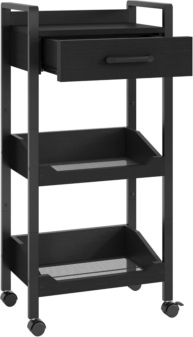 Hoctieon 3-Tier Rolling Storage Cart with Drawer, Rolling Utility Cart Organizer, Mobile Shelving Unit with Wheels, Metal Frame, Kitchen Utility Cart for Small Space, Office, Bathroom, Black - Image 8