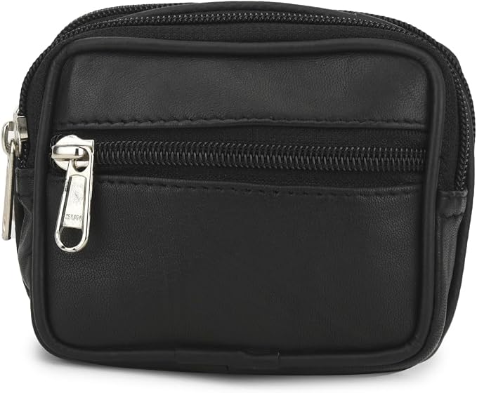 Leatherboss Genuine Leather Travel Outdoor Hiking Belt Pouch with Zipper Pocket Wallet for men women (Black) by LeatherbossCollection