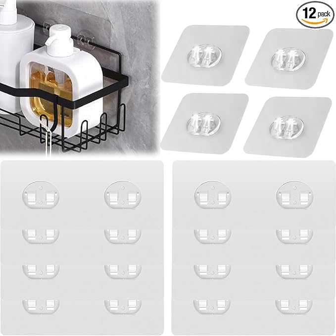 12 Pack Shower Caddy Adhesive Replacement Hooks Transparent Strong Waterproof Wall Hooks No Drilling Bathroom & Kitchen Organizers for Shelves, Soap Holders, Spice Racks(8 Double + 4 Single) by Oruiiju