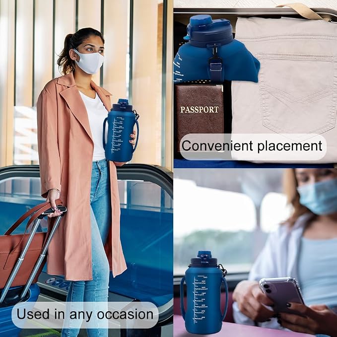 64oz Foldable Water Kettle - Straw & Motivational Time Marker, Half Gallon Silicone Reusable Bottle for Airport Travel, Outdoor Adventures & Home/Office (Blue) - Image 9
