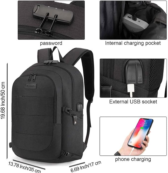 Tzowla Travel Laptop Backpack Water Resistant Anti-Theft Bag with Lock | 15.6 Inch Computer Business Backpacks with Giant Tumbler Holder Pocket for Women Men Work College Gift,Casual Daypac,Black - Image 3