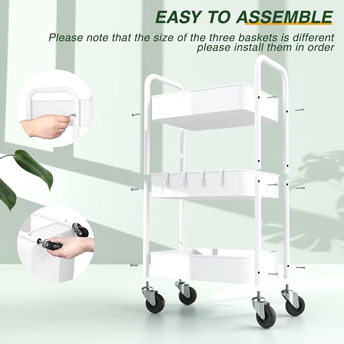 LEHOM 3 Tier Rolling Cart, Metal Rolling Utility Cart with Lockable Wheels | Multi-Functional Heavy Duty Storage Cart Organizer for Bathroom, Kitchen, Office, Living Room, Rolling Storage Trolley - Image 7