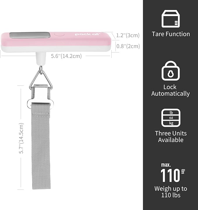 pack all Digital Luggage Scale for Travel, 110Lbs Capacity, 0.1Lb Precision | Handheld, Backlit LCD Display, Lb/Kg/Oz Conversion, Tare Function, Battery Included - Image 3