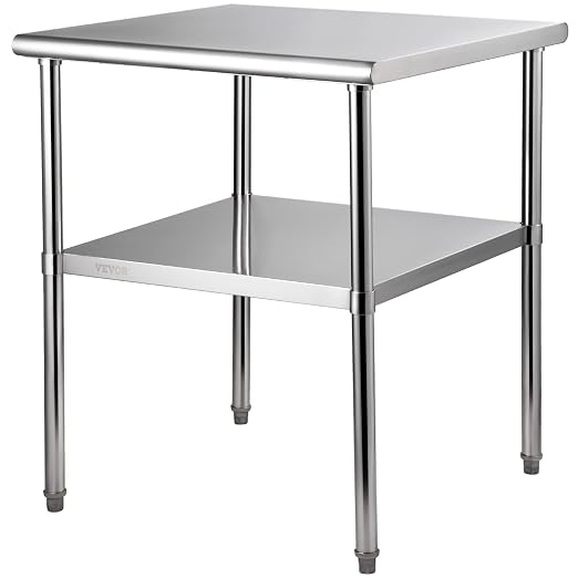 VEVOR Stainless Steel Prep Table, 30 x 30 x 36 Inch, 800lbs Load Capacity Heavy Duty Metal Worktable with Adjustable Undershelf & Feet, Commercial Workstation for Kitchen Garage Restaurant Backyard by VEVOR