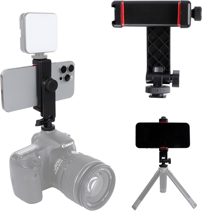 Phone Tripod Mount Adapter, with Cold Shoe&1/4" Hole for Tripod/Selfie Stick/Camera Stand, 360° Rotates Adjustable Phone Clip Clamp Holder for iPhone/Samsung/All by Leenconghui