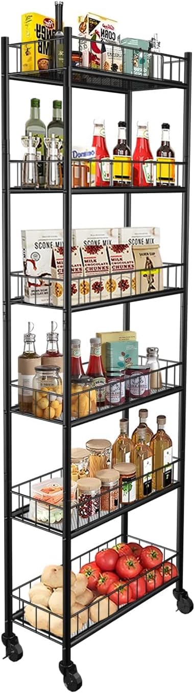 Utility Slim Storage Cart 6 Tier Narrow Metal Frame Carts | 6 Tier Narrow Kitchen Storage Cart,Laundry Room Carts, for Kitchen,DiningRoom,Living Room,Home Office,Classic Black by Daarcin