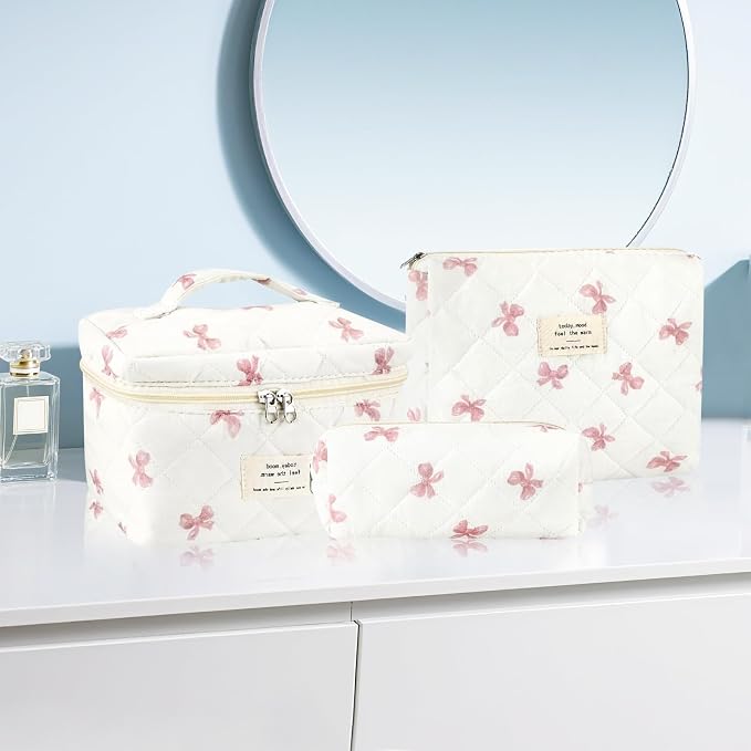 URSKYTOUS 3Pcs Cotton Quilted Makeup Bag for Women Extra Large Coquette Small Floral Travel Cosmetic Bag Set Aesthetic Cute Bow Makeup Pouch Portable Toiletry Bag Puffy Essential Storage Organizer - Image 7