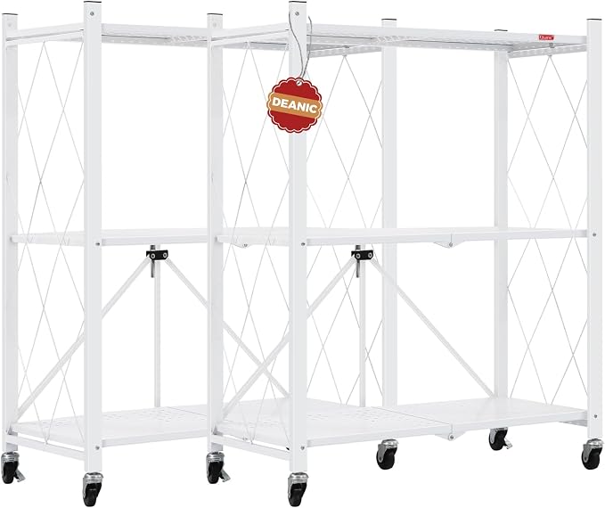 DEANIC 3 Tier Foldable Storage Shelves with Wheels, Large Capacity Shelving Unit, Freestanding Metal Wire Shelf Rack, No Assembly Organizer Rack for Garage Kitchen, Basement, Pantry(White Pack of 2) by ShowNow