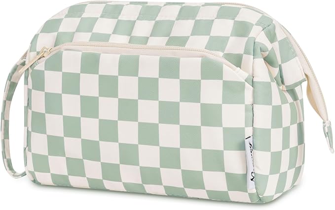 Narwey Makeup Bag Women Girls, Travel Toiletry Bag for Women Cosmetic Bag Organizer Make up Bag with Compartments Toiletries Medicine Bag (Mint Green Checkerboard) by Narwey