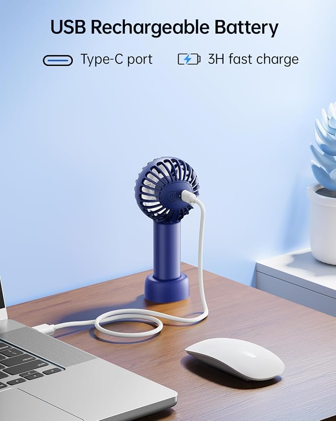 SWEETFULL Mini Portable Fan - Small Handheld Fan, 3 Speeds Personal Hand Gifts for Travel Essentials, Lash, Makeup, Eyelash, Kids, Girls, Women - USB, Cute Design Blue - Image 7
