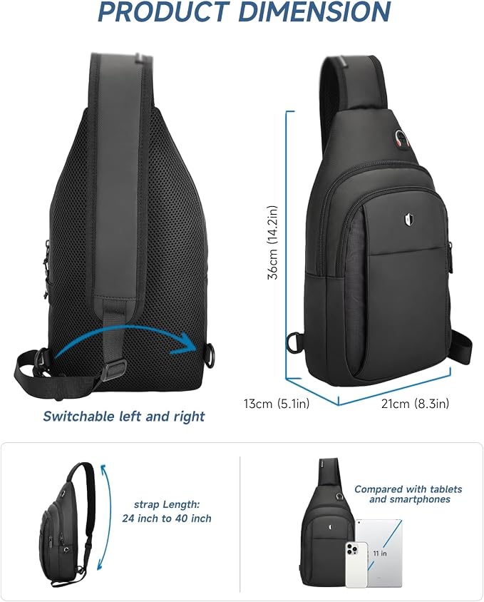 Sling Bag for Men, Anti Theft Crossbody Bag with Lockable Zipper, Water Resistant Chest Bag Fits 11” iPad & Switch 2, Lightweight Sling Backpack for Travel, Work & Commuting - Image 4