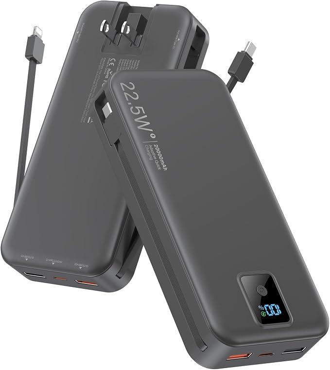 Portable Charger 20000mAh 22.5W w/Built-in Cable & Wall Plug Black | High capacity, Fast charging, Built-in cables & wall plug, LED display, Charge 5 devices at once, Pass through, TSA approved by Rngsnoy