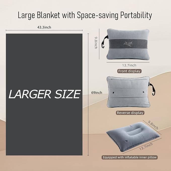 Melissa Large Soft Travel Blanket and Inflatable Pillow Set | Size-69“ x 43.3”, Carry Bag – Lightweight, Compact & Washable for Backpacking, Hiking, Airplane, Car, Office, Camping (Gray) - Image 6
