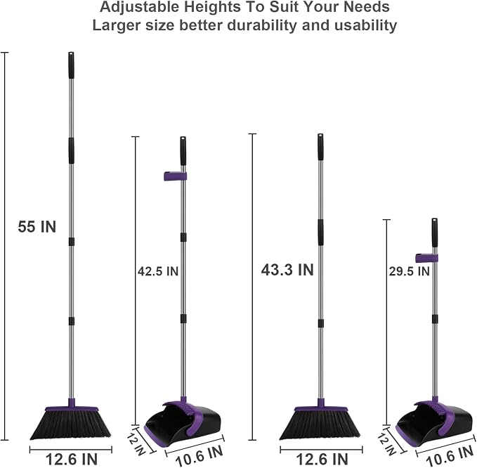 Purple Broom and Dustpan Combo Set, 55" Long Handle Broom | Large Area Outdoor Cleaning, Extended Reach Design, Built-in Comb Dustpan, Foldable Storage for Garage, Patio & Home - Image 2