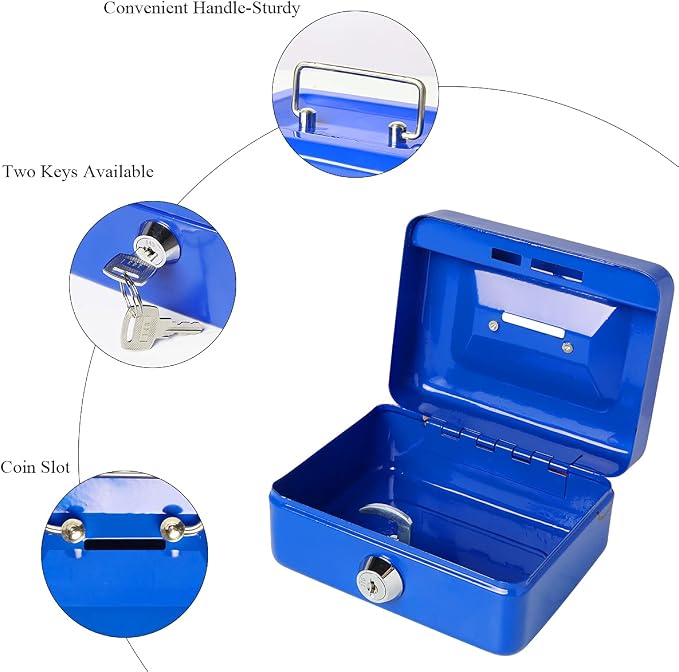 Jssmst Small Cash Box with Lock and Slot, Metal Coin Piggy Bank for Adults and Kids, Blue Locking Money Box - Image 6