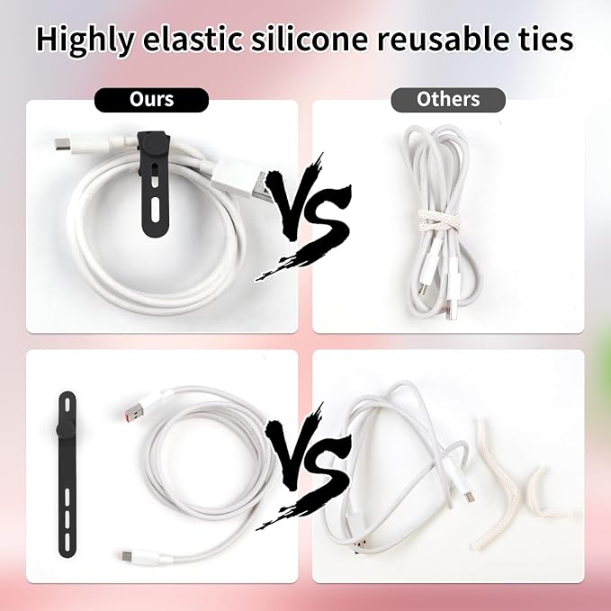 Oligei 25 Pcs Silicone Cable Ties, Cable Ties Reusable, High Elasticity Cord Wraps for Electrical Cords, Cord Organizer for Earphone, Phone Charger(Black) - Image 4