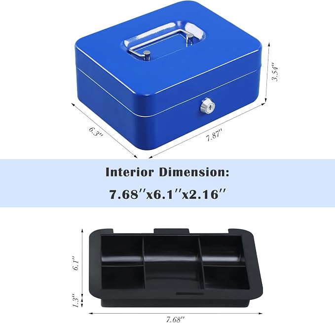 xydled Medium Cash Box with Lock, Removable Coin Tray, Steel Money Box, Blue - Image 6
