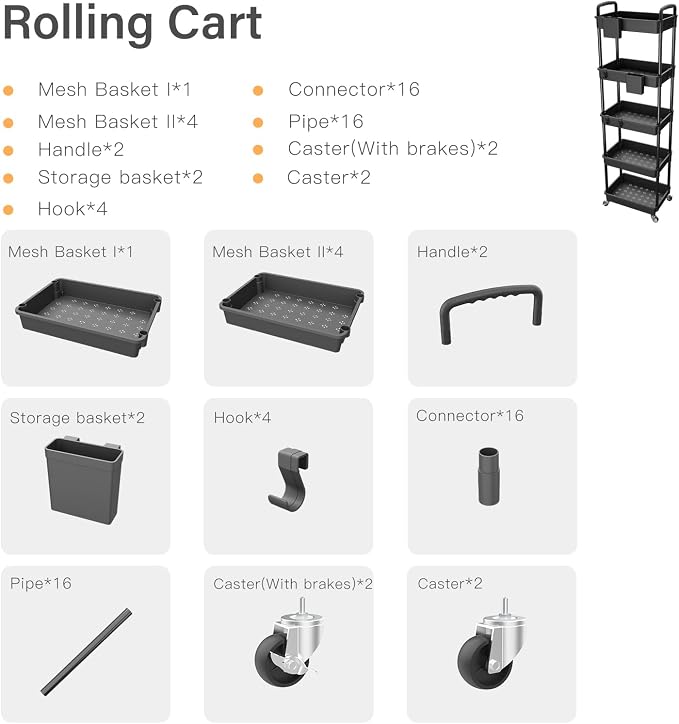 5 Tier Rolling Utility Cart with Handle,REBECAT Utility Cart Made of Multifunctional Storage Organizer Tool for Kitchen,Bathroom,Living Room,Office(Black) - Image 4