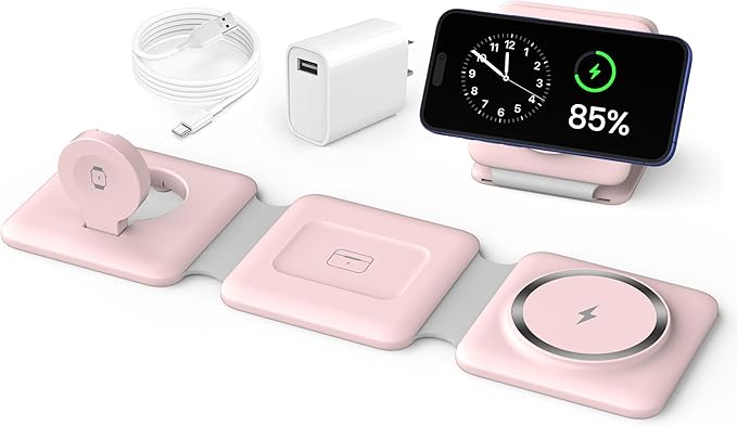 Charging Station for Apple Multiple Devices: 3 in 1 Foldable Magnetic Wireless Charger Stand - Travel Charging Dock Compatible with iPhone 17 16 15 14 13 12 Pro Max Plus Apple Watch AirPods by WirelessCharger