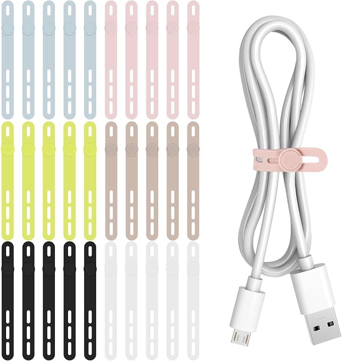 Donruby 30Pcs Silicone Cable Ties - Reusable & Washable with Adjustable Locking Buckles, High Elasticity Cable Management Straps for Home, Office, School, Travel Essential Cord Organizer (6 Colors) by Donruby