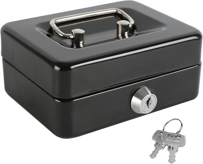 xydled Mini Cash Box with Lock, Removable Coin Tray, Steel Money Box, Black | Steel Cash Box with Key Lock, Removable Tray & Carry Handle, for Office, Retail, Home, and Money Storage, 4.9" x 3.7" x 2.4" by xydled