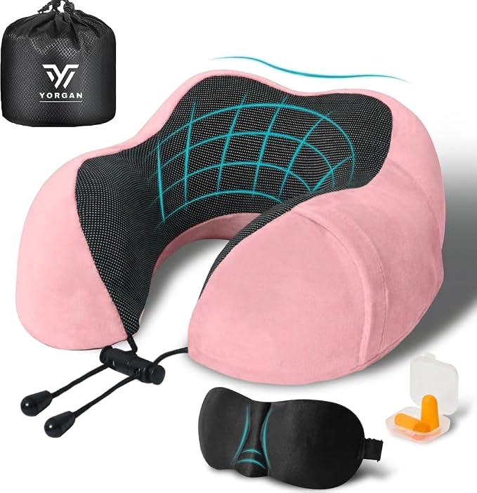 Airplane Travel Neck Pillow, 100% Memory Foam Ergonomic Neck Support, Airplanes Neck Pillow with Washable Cover Travel Essential for Flight Car & Office Includes Eye Masks, Earplugs & Carry Bag (Pink) by Yorgan