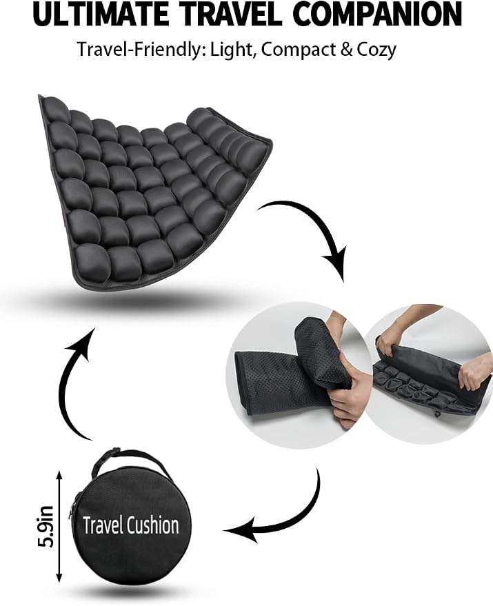 2PCS Soundur Travel Cushion Airplane Seat,Inflatable Air Bubble Design with Storage Bag for Car/Office/Kitchen Chairs.42 Air Cells, Adjustable Firmness, Non-Slip Bottom (2) - Image 2