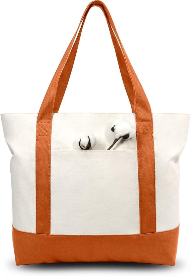 TOPDesign 1-Pack Canvas Tote Bag with an External Pocket, Reusable Grocery Shopping Bag, Top Zipper Closure, Daily Essentials (Orange/Natural) by TOPDesign