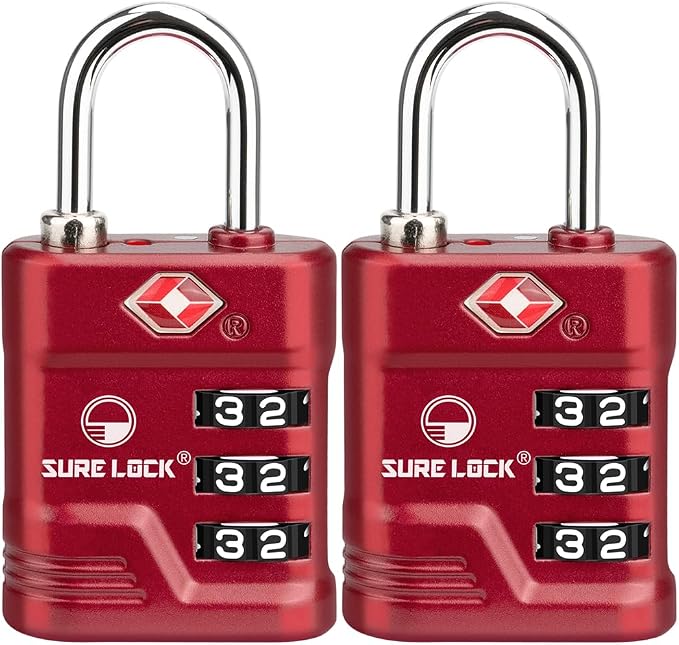 SURE LOCK TSA Approved Luggage Lock – 3-Digit Resettable Combination Padlock with Open Alert Red Dot, Large Easy-Read Dials for Suitcases, Backpacks, Gym & School Lockers(Red 2 pk) by Hopeyoucanstaysafe