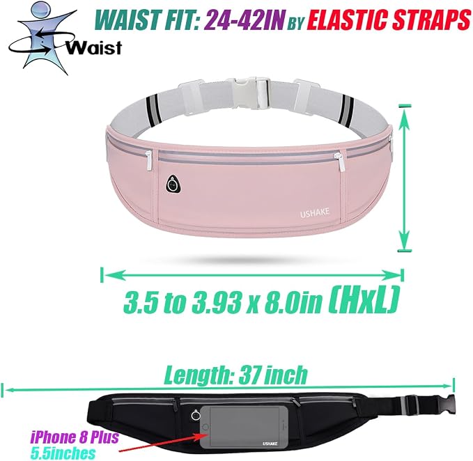 USHAKE Slim Running Belt, Workout Fanny Pack for Men Women,Exercise Waist Pack for Apple iPhone Holder, Runner Belt for Running Walking Cycling Camping Gym Light Pink - Image 3