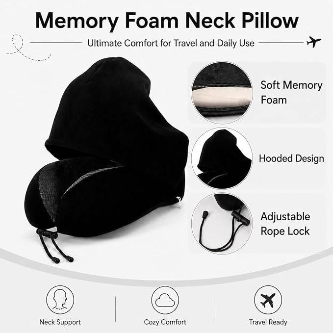 Travel Blanket and Pillow Set - Hooded Neck Pillow Airplane Essential Black | Memory Foam, Sleep Mask, Earplugs, Foldable Duffel Bag Soft Comfort for Long Plane Flight Traveling Car Road Trip Flying - Image 3