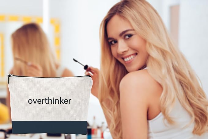 Funny Makeup Bag for Women - overthinker Relatable Quote Pouch - Minimalist Navy Blue Color Block Canvas Cosmetic Organizer - Unique Gift for Best Friend, Introverts & Mental Health Awareness - Image 6