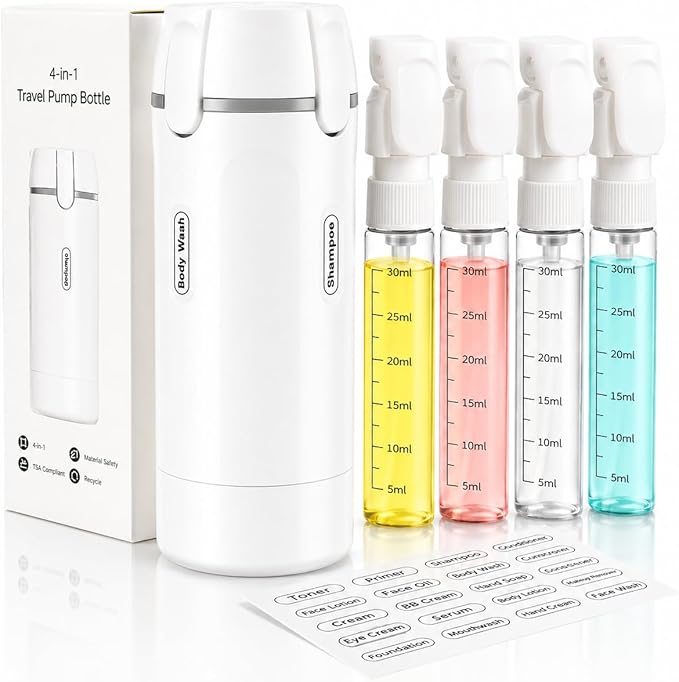 4 in 1 Travel Dispenser Bottle, TSA Approved Leak Proof Refillable Toiletry Containers for Shampoo, Conditioner, Lotion & Skincare – Easy Clean Travel Bottles for Gym, Business by BloomDaily