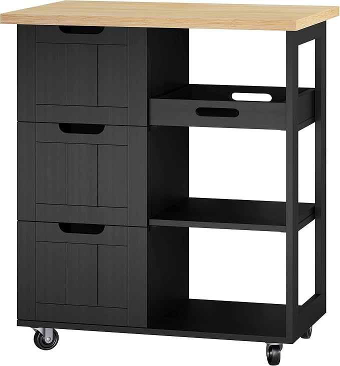 Shintenchi Kitchen Island Cart with Storage,Rolling Kitchen Island Storage Cabinet,Side Table on Wheels with Worktop,3 Open Shelves and 3 Drawers for Kitchen,Dinning Room, Black - Image 7
