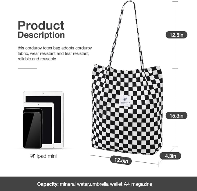 LHMTQVK Corduroy Tote Bags for Women, Large Capacity Tote Purse Reusable Grocery Shoulder Bag with Inner Pockets - Image 3