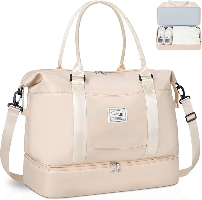 BAGAIL Travel Duffel Bag - Weekender & Overnight Gym Carry On Tote with Wet Pocket - Hospital Mom Bag for Labor and Delivery - Extra Large, Beige by BAGAIL