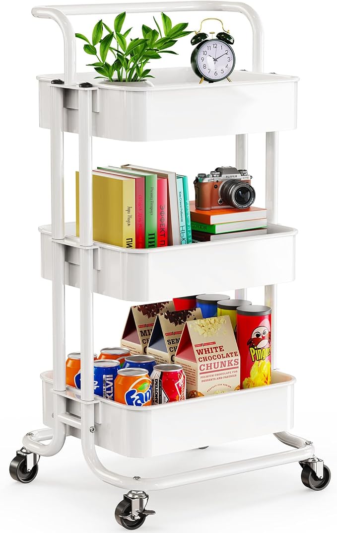Pipishell 3 Tier Rolling Cart, Metal Utility Cart with Wheels and Handle, Rolling Storage Cart for Nursery Room, Living Room, Painting Room, Office and Kitchen, White - Image 8