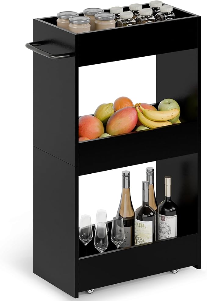 MARTY Slim Rolling Storage Cart 7.9" W Laundry Cart with Wheels,Wood, Black | Narrow Utility Cart Between Washer and Dryer, 3 Tier Mobile Shelving Unit for Kitchen, Laundry, Bathroom, Office, Living Room by MARTY