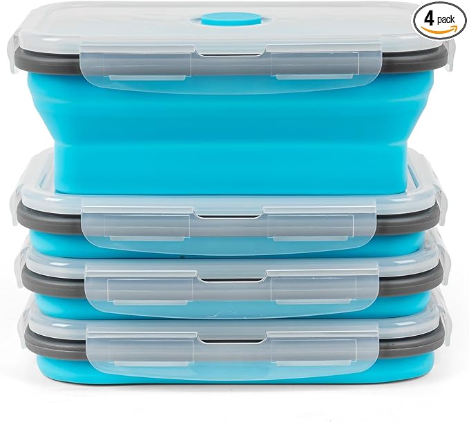 Collapsible Silicone Food Storage Containers Set with Lid & Air Vent,Foldable Lunch Containers(4PCS,Blue,27oz) by SiliseaDirect