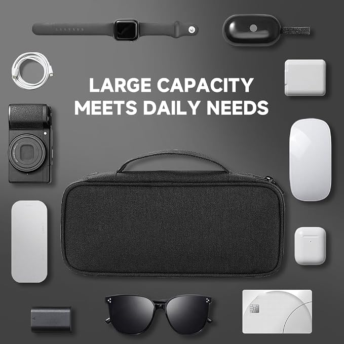 Teskyer Tech Organizer Pouch with Handle, Black | Water-Resistant Fabric, Adjustable Dividers, Multiple Compartments, Protective Lining, Travel and Office Use - Image 7