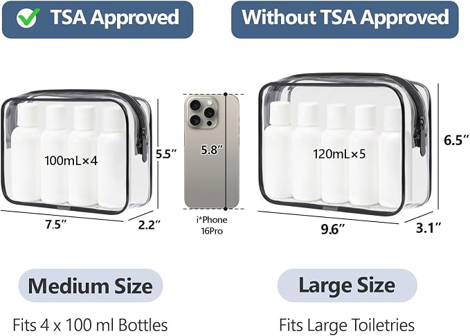 Clear Makeup Bag for Travel - TSA Approved Toiletry Bag, 2 Black | 1 Medium Quart Carry-On & 1 Large Checked-Luggage, Reinforced Seams, Water-resistant, Clear Easy-Check for Airport, Women - Image 3