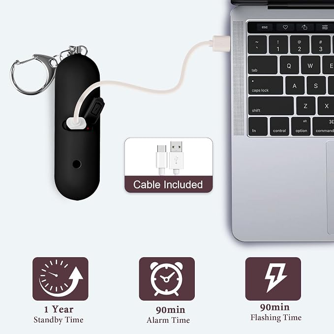 Personal Safety Alarm - Waterproof Rechargeable Security Alarm - 140dB Extra Loud Siren & Strobe Light - Self Defense Keychain - Gift for Women, Teenagers, College Girls, Seniors (Black+Black) - Image 5
