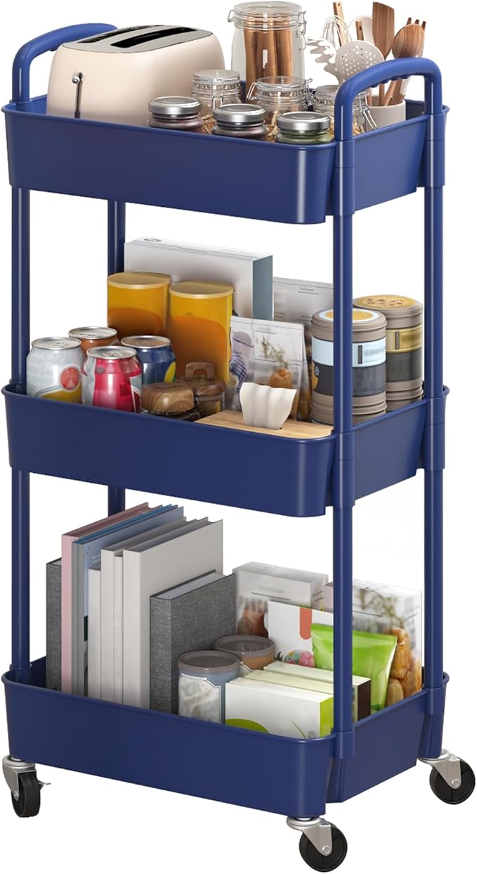 Sywhitta 3-Tier Plastic Rolling Utility Cart with Wheels for Storage,Blue | Multi-Functional Storage Trolley, for Office, Living Room, Kitchen, Bathroom,Movable Organizer,Space-Saving,Easy to assemble by haseverythingyouneed
