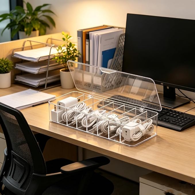 cord organizer box, 10.2 x 3.5 x 2.2in, Desktop Cord Organizer with Compartments (1) - Image 5