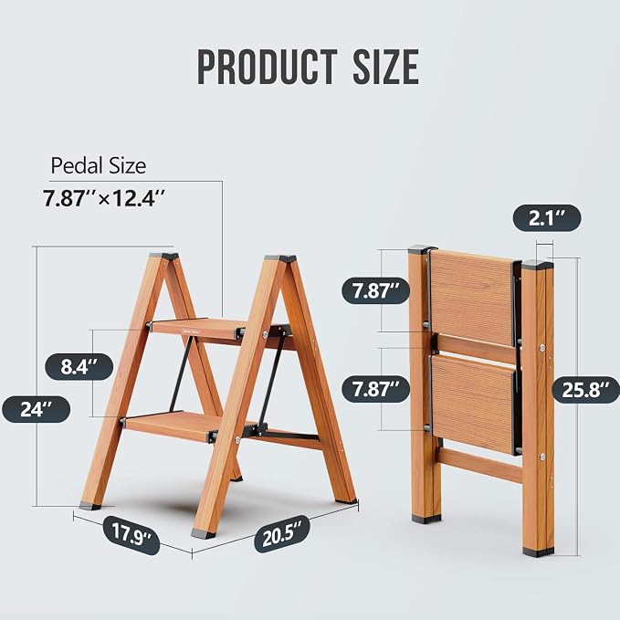2 Step Ladder, Foldable Step Stool, 300lbs Load, Wood Grain | Folded 26''H x 3''T; Net 5.9 lbs; Rigid Aluminum Steps; No Assembly; For Home, Kitchen, Office, Pantry, Closets, Cabinets - Image 7